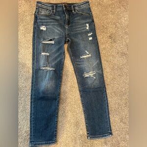 Bootlegger Girlfriend Crop Jeans - Blue
Black lace inset behind tears.